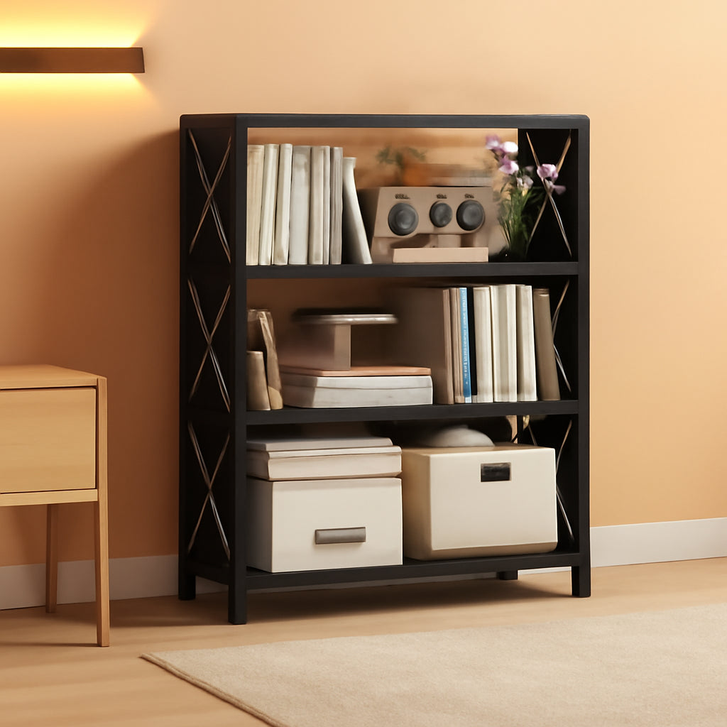 Three Shelf Black Powder Coated Steel Bookcase Anti Tip-0
