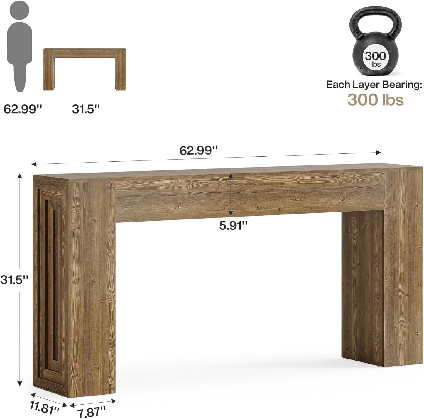 63 Inch Farmhouse Console Table Natural Brown Finish-1