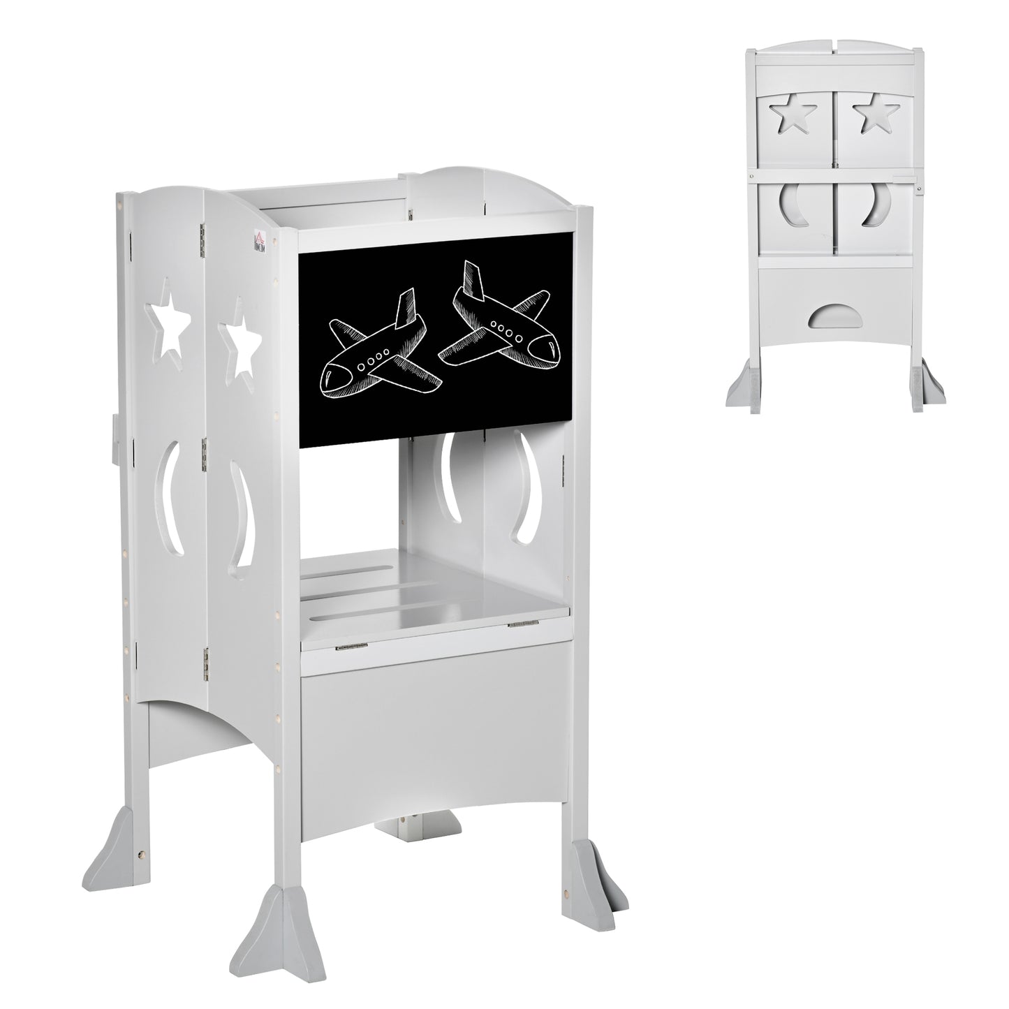 Kids Kitchen Step Stool Foldable Child Standing Tower with Chalkboard. Lockable Handrail for Children 3-6 Years Old, Grey