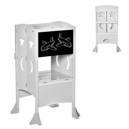 Kids Kitchen Step Stool Foldable Child Standing Tower with Chalkboard. Lockable Handrail for Children 3-6 Years Old, Grey