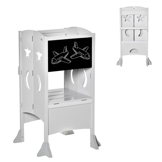 Kids Kitchen Step Stool Foldable Child Standing Tower with Chalkboard. Lockable Handrail for Children 3-6 Years Old, Grey
