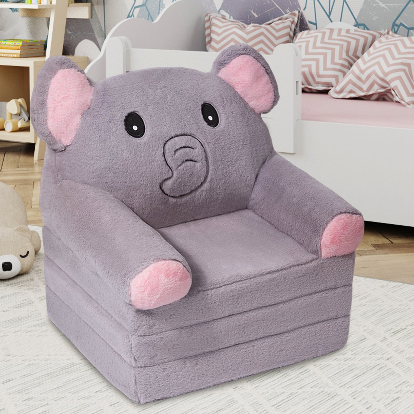 Kids Sofa Chair for Toddler, 2-in-1 Folding Soft Baby Couch with Removable Cover, Comfy Plush Children's Recliner, Convertible Floor Sofa Bed to Lounger for Girls Boys Age 1-3, Elephant
