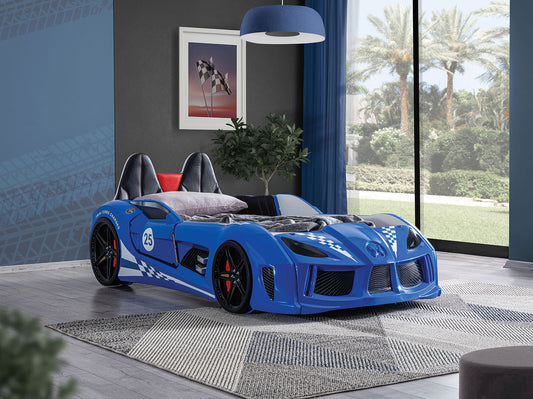 Twin Size Bed Race Car Design Modern Novelty Style Attached Two Magnetic Doors With LED Lights On Wheels And Bottom Upholstery Headboard Blue Finish