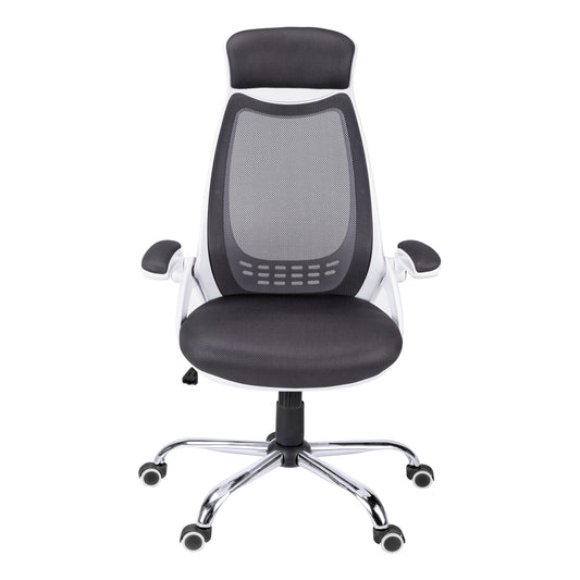 Contemporary Office Chair with Adjustable Height, Swivel, Ergonomic Design, Grey Mesh Fabric, Chrome Metal Base, Modern Work Desk Chair
