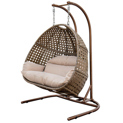 Brown Wicker Hanging Double-Seat Swing Chair