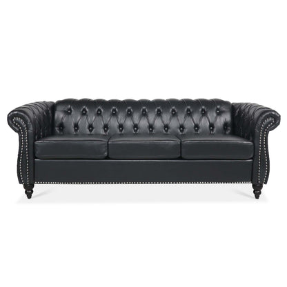 Black PU Rolled Arm Chesterfield Three Seater Sofa