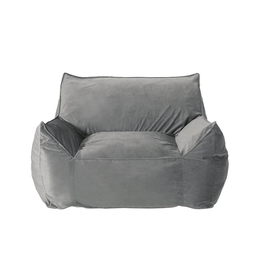 Allea Velveteen Bean Bag Chair with Armrests, Soft Grey Velvet, Cozy and Spacious