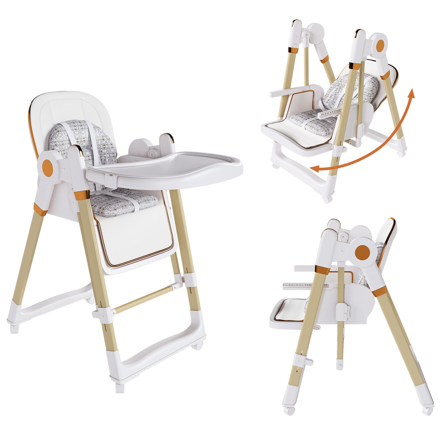 Convertible Baby High Chair to Rocker with 5-Point Harness, Foldable Infant Feeding Chair with Silent Locking Wheels & Removable 2-Tier Easy-Clean Tray for 6M-4Yrs (White)