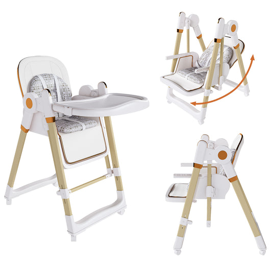 Convertible Baby High Chair to Rocker with 5-Point Harness, Foldable Infant Feeding Chair with Silent Locking Wheels & Removable 2-Tier Easy-Clean Tray for 6M-4Yrs (White)