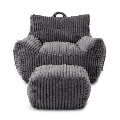Giant Plush Bean Bag Chair for Adults with Armrests and Footstool, Comfy Grey Corduroy Chaise Lounge