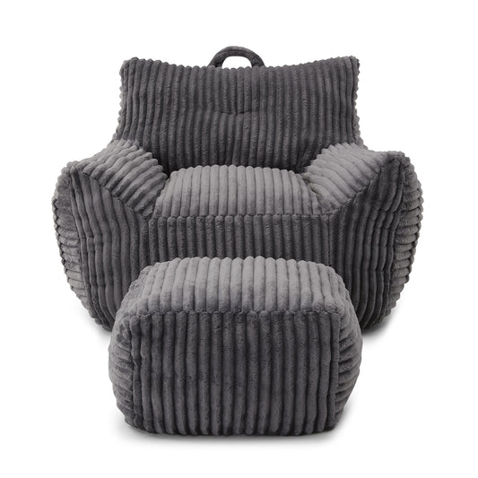 Giant Plush Bean Bag Chair for Adults with Armrests and Footstool, Comfy Grey Corduroy Chaise Lounge