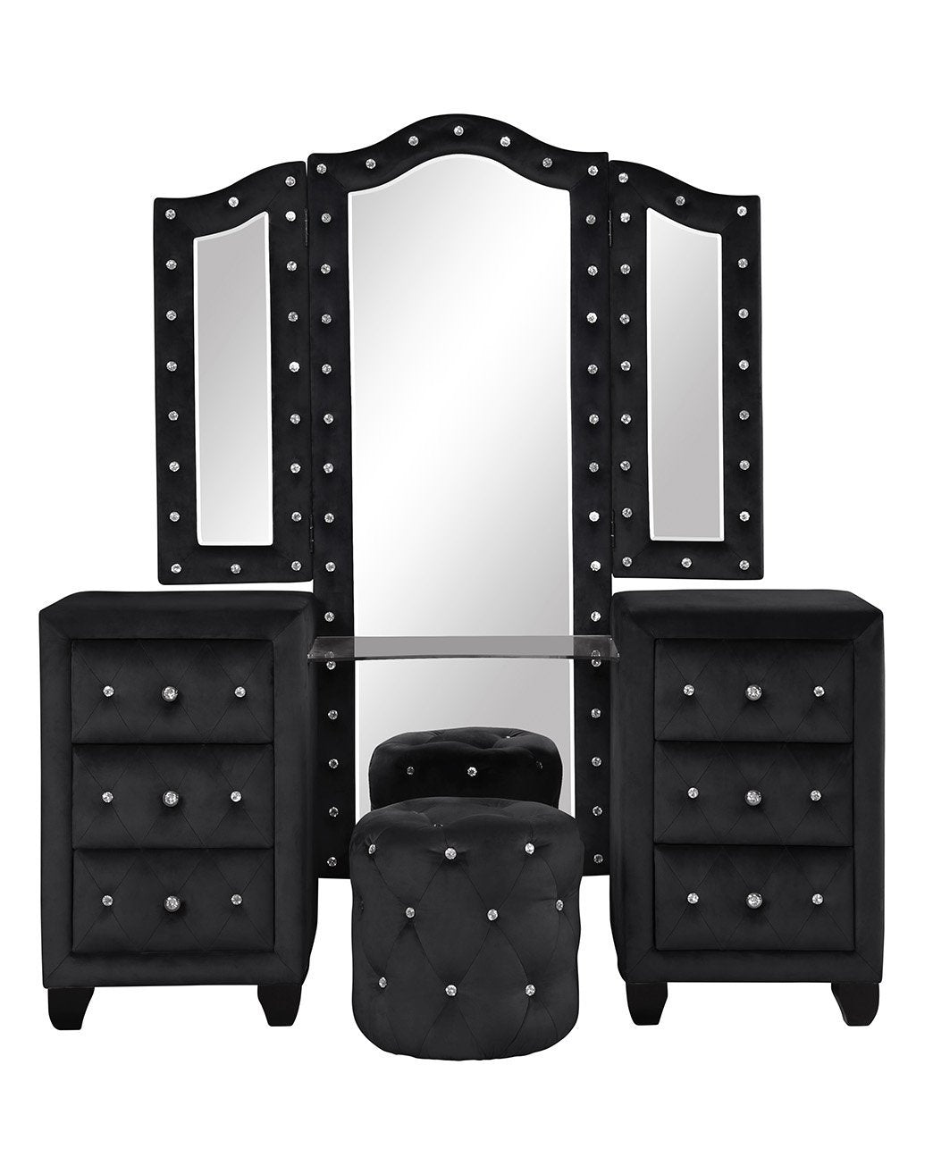 Modern Style Crystal Tufted Upholstery 6-Drawer Vanity Set with Stool, finished with Velvet Fabric