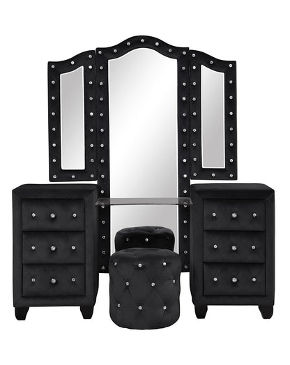 Modern Style Crystal Tufted Upholstery 6-Drawer Vanity Set with Stool, finished with Velvet Fabric