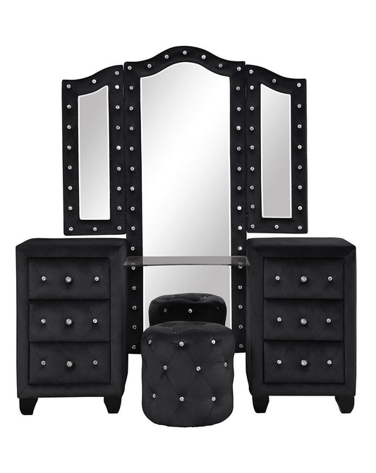 Modern Style Crystal Tufted Upholstery 6-Drawer Vanity Set with Stool, finished with Velvet Fabric