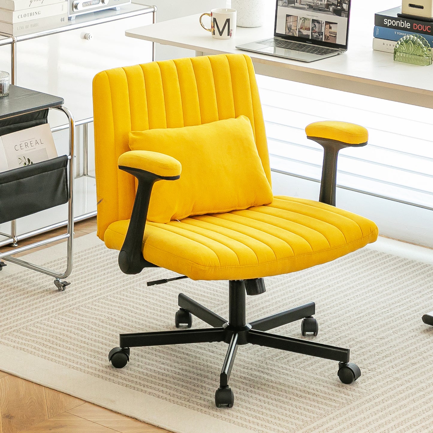 Palmer's Yellow Linen Criss Cross Armrest Office Chair with Wheels - Ergonomic for Home Office, Work & Study