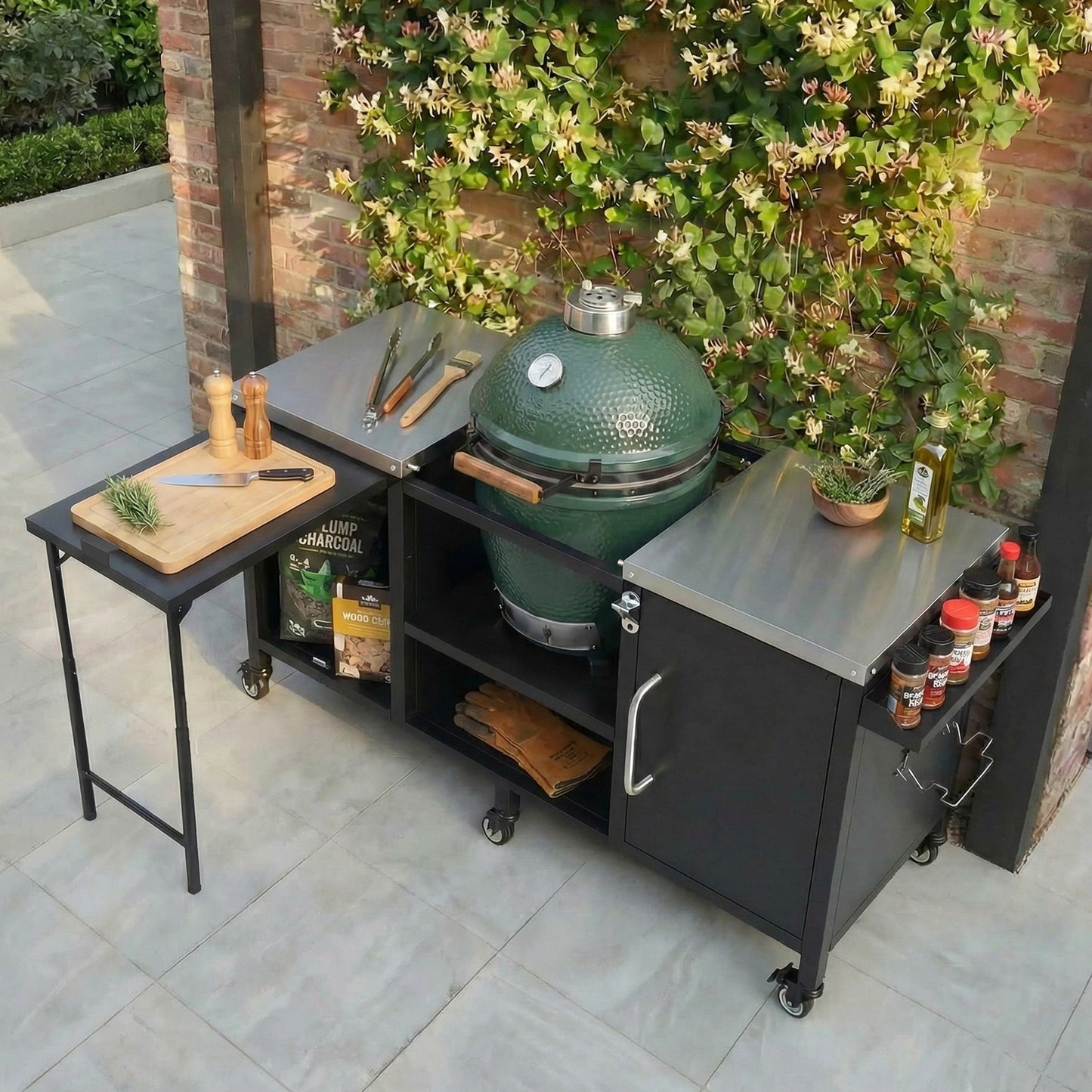 K&K 72.4' Large Grill Table for Large Big Green Egg, Metal Outdoor Grill Cart with Fold-out Prep Table, Adjustable Shelves, Spice Rack, Outdoor Kitchen Island for Big Green Egg, Kamado Joe Classic