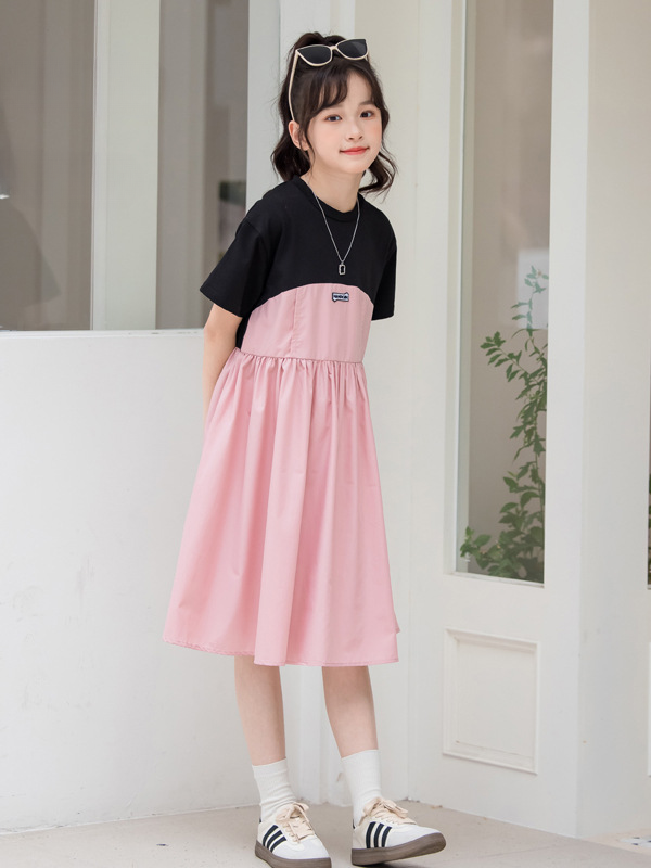 Arrival Summer Kids Girls Fashion Color Patchwork Cotton Short Sleeves Dress