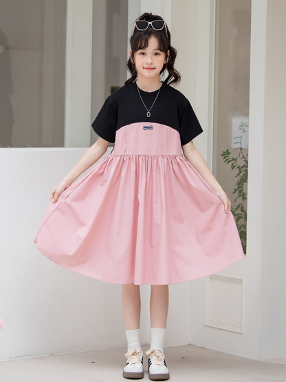 Arrival Summer Kids Girls Fashion Color Patchwork Cotton Short Sleeves Dress